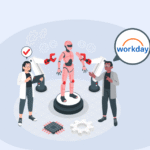 Workday AI Agents transforming HR in Singapore enterprises. Illustration of two HR professionals managing an Agentic AI robot for HR Transformation, workforce automation, and talent management.