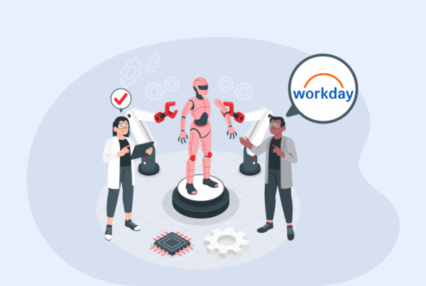 Workday AI Agents transforming HR in Singapore enterprises. Illustration of two HR professionals managing an Agentic AI robot for HR Transformation, workforce automation, and talent management.