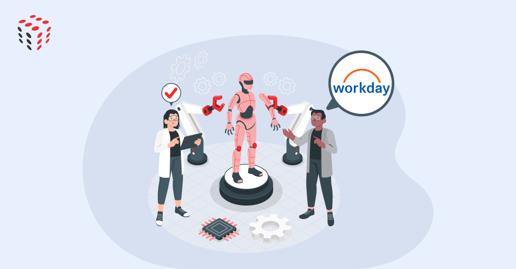 Workday AI Agents transforming HR in Singapore enterprises. Illustration of two HR professionals managing an Agentic AI robot for HR Transformation, workforce automation, and talent management.