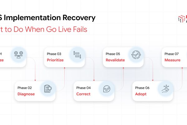 HRIS implementation recovery roadmap showing stabilisation, diagnosis, correction, testing and adoption